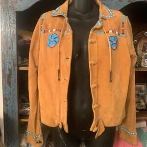 VTG BEADED DEERSKIN LEATHER JACKET W/ SILVER & TURQUOISE BUCKLE, CUFFLINKS